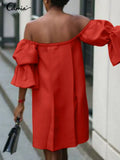 Celmia Cotton Sexy Off Shoulder Robes Solid Color Women Party Vestidos Pleats 2022 Summer Mini Dress Short Puff Sleeve
