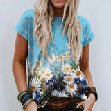 New Classic Style Print Summer T-shirt Retro Round Neck T-shirts Ladies Short Sleeve Loose Female Casual Tees 2021