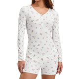 Women Floral Print Short Romper Spring Autumn Clothes V Neck Button-Down Long Sleeve Tight Jumpsuit Female Clothing-Outfit