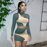 Sexy Colorblock Two Piece Set Long Sleeve Crop Top and Mini Skirt Suits for Women 2021 Clubwear Bodycon Dress