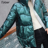 Women Shiny Parkas Thicken Warm Stand Collar Jacket Loose Zipper Coat Korean Fashion Outerwear Female Streetwear