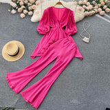 Summer Women 2 Pieces Set Purple/Green/White Elegant V-Neck Puff Short Sleeve Irregular Tops + High Waist Pants Vintage Suit
