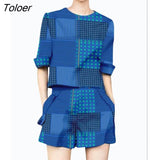 Shorts Sets Women High-end Fashion Plaid Print Five-point Sleeve T Shirts Casual Shorts Two Piece Set Women's Trendy