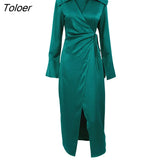 V-Neck Satin Wrap Elegant Long Dress 2022 Women Fashion Green Summer A-Line Mid-Cal Dresses Split Sexy Dress Office