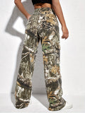 Large Pocket Loose Straight Trousers Spring And Autumn New Individualized Printed Camouflage Floor Mopping Overalls-Outfit