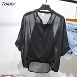 Two Piece Chiffon Shirt Women Summer Half Sleeve Loose V-Neck Casual Blouse Women Sexy Loose Striped Shirts Tops