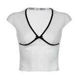 Girl Feeling Lace Bow Stitching Small Sexy V-Collar Perspective Color Slim Flying Sleeve T-Shirt 2024-Outfit