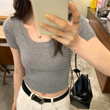 Round Collar Shoulder Short-Sleeved T-Shirt Female Leaky Collarbone Design Slim And Slim New Style Blouse In Spring And Summer-Outfit