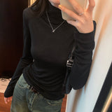 High-Necked Threaded Shoulder Long-Sleeved T-Shirt New Spring Style Slim And Thin Bottomed Shirt With Underwear-Outfit
