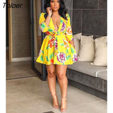 Women Long Sleeve Floral Flower Print Mini Dress Elegant Vintage V-neck Autumn Fall Dresses Party Club Vestidos 425-1-Outfit