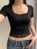 sleeve crop top with square neckline and lace