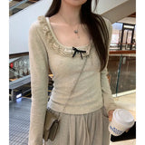 Lace Collar Bow Tie Bottom Shirt Women's New Spring Blouse Design Sense Minority Wear Long-Sleeved T-Shirt-Outfit