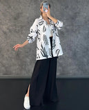 Sets Loose Long Sleeve Printed Shirt Two Piece Set Women Elegant Lapel Top Suits Female Split End Wide Leg Pants Outfits-Outfit