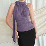 Elegant Simple Solid Color Bib Tie Wrinkle Tight Show Thin Sleeveless Vest Gentle Ribbon Blouse-Outfit