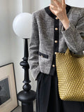 Women's Contrast Color Crew Neck Gold Button Up Tweed Jacket Long Sleeve Elegant