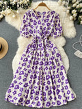 Sweet Floral Dresses Women V Neck Puff Sleeve Print Boho Beach Dress Summer Bohemian Print A-line Midi Dress