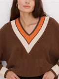 Autumn Women's Striped Knitted Sweater Oversize Thick Warm Loose Jumper Tops Vintage V Neck Ladies Pullover Sweaters