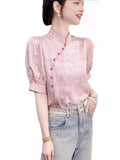 Chinese Style Short-Sleeved Blouse Women's Spring And Summer 2024 New Chinese Style Jacquard Vertical Collar Shirt Lining Trend-Outfit