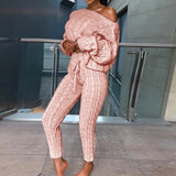 Winter Women Knitted Tracksuit Two Piece Set Women Sweater Tops + Elastic Waist Pant Knitted Suit Women Two Piece