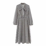 Elegant Houndstooth Dress Women Autumn Spring Bow Neck Vintage Plaid Midi Dress Lantern Long Sleeve Casual