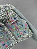 Women's Denim Coat Full Pearls Colored Beaded Crystal Long Sleeve Cool Burrs Female Jackets 2024 Summer New Fashion 29L4067-Outfit