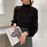 Spring New Pleated Women Shirts Fashion Office Lady Chiffon Blouse Women Stand Collar Flare Sleeve Solid Female Tops
