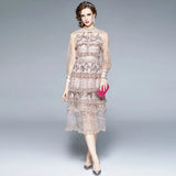 Vintage Cascading Ruffles Flower Dress New Spring Women Sweet Lace Mesh Dot Stand Bow Floral Embroidery Party