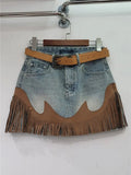 Women's Denim Skirt High Waist Spliced Contrast Color Irregular Tassel A-line Mini Skirt 2024 Summer New Fashion 29L1572-Outfit