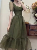 Casual Midi Dress Party Short Sleeve Elegant Vintage Dress Women Chiffon Slim One Piece Dress Korean Fashion 2022