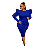 Size Dresses for Women Office Lady Puff Sleeve Solid Bodycon Stretch New Style Elegant Maxi Dress Wholesale