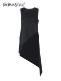 Black Straight Shirt For Women Round Neck Sleeveless Solid Minimalist Irregular Hem Blouses Female Clothes 2022