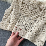 Women Summer Design Hollow Knitted Set Sexy Sleeveless Short Strap Tops+High Waist Long Flare Pants Two Piece